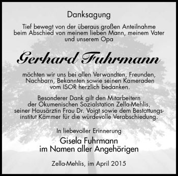 Traueranzeige von Gerhard Fuhrmann von Südthüringer Presse