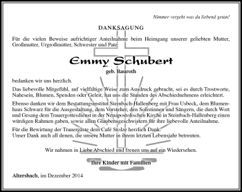 Traueranzeige von Emmy Schubert von Südthüringer Presse