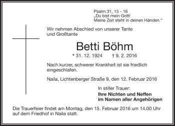Traueranzeige von Betti Böhm von Frankenpost