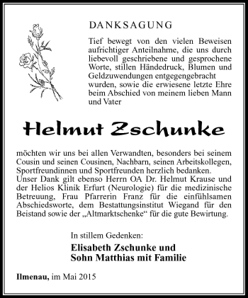 Traueranzeige von Helmut Zschunke von Südthüringer Presse