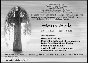 Traueranzeige von Hans Eck von Südthüringer Presse