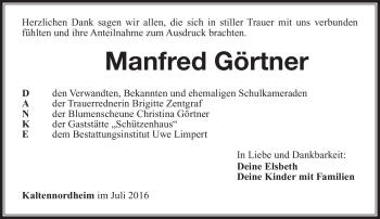 Traueranzeige von Manfred Görtner von Südthüringer Presse