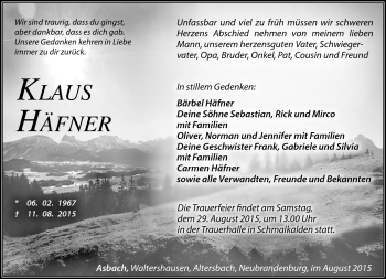 Traueranzeige von Klaus Häfner von Südthüringer Presse
