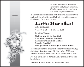 Traueranzeige von Lotte Barnikol von Südthüringer Presse