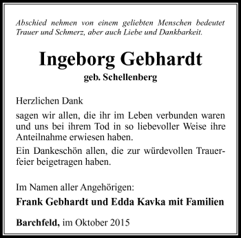 Traueranzeige von Ingeborg Gebhardt von Südthüringer Presse
