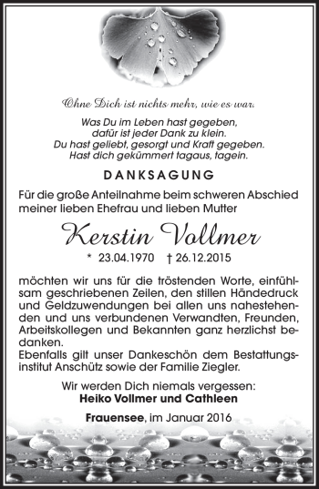 Traueranzeige von Kerstin Vollmer von Südthüringer Presse