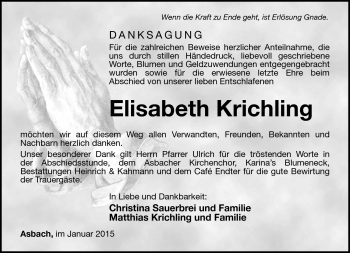 Traueranzeige von Elisabeth Krichling von Südthüringer Presse