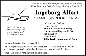 Traueranzeige von Ingeborg Alfort von Neue Presse Coburg