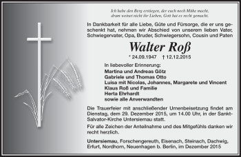 Traueranzeige von Walter Roß von Südthüringer Presse