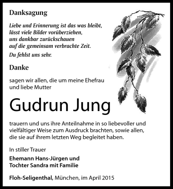 Traueranzeige von Gudrun Jung von Südthüringer Presse