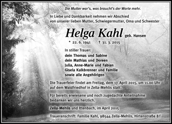 Traueranzeige von Helga Kahl von Südthüringer Presse
