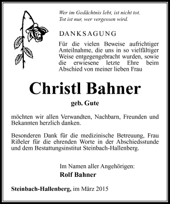 Traueranzeige von Christl Bahner von Südthüringer Presse