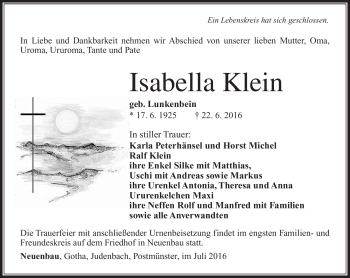 Traueranzeige von Isabella Klein von Südthüringer Presse