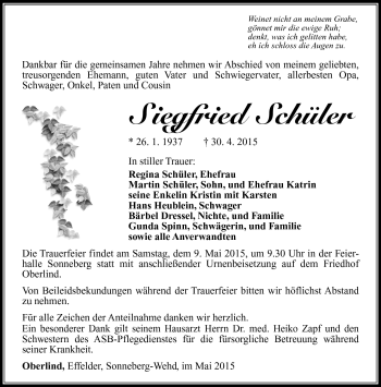 Traueranzeige von Siegfried Schüler von Südthüringer Presse