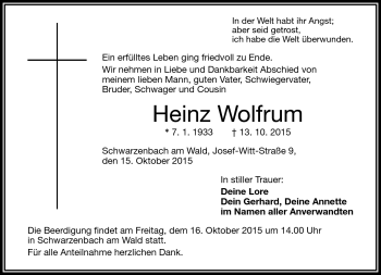 Traueranzeige von Heinz Wolfrum von Frankenpost