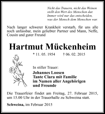 Traueranzeige von Hartmut Mückenheim von Südthüringer Presse