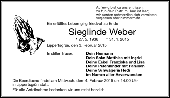Traueranzeige von Sieglinde Weber von Frankenpost