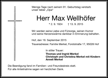 Traueranzeige von Max Wellhöfer von Frankenpost