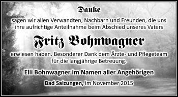 Traueranzeige von Fritz Bohnwagner von Südthüringer Presse