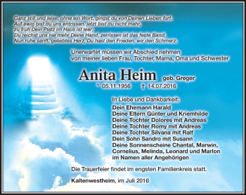 Traueranzeige von Anita Heim von Südthüringer Presse