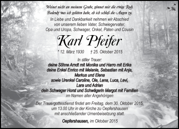 Traueranzeige von Karl Pfeifer von Südthüringer Presse