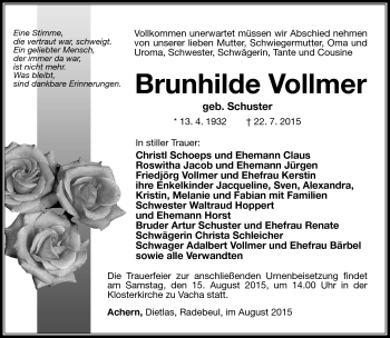 Traueranzeige von Brunhilde Vollmer von Südthüringer Presse