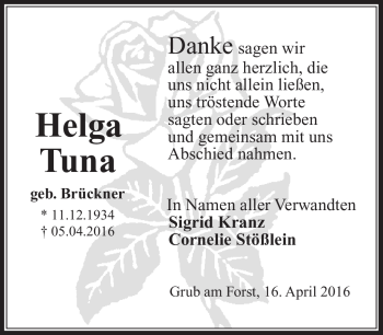 Traueranzeige von Helga Tuna von Neue Presse Coburg
