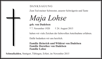 Traueranzeige von Mana Lohse von Südthüringer Presse