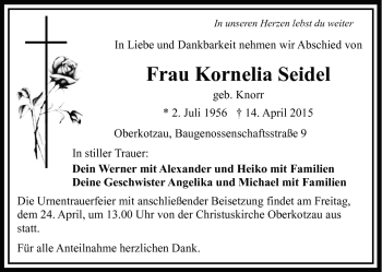 Traueranzeige von Kornelia Seidel von Frankenpost