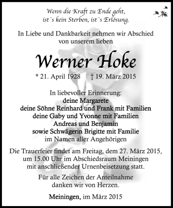Traueranzeige von Werner Hoke von Südthüringer Presse