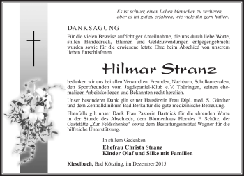 Traueranzeige von Hilmar Stranz von Südthüringer Presse