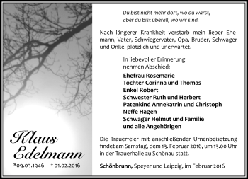 Traueranzeige von Klaus Edelmann von Südthüringer Presse