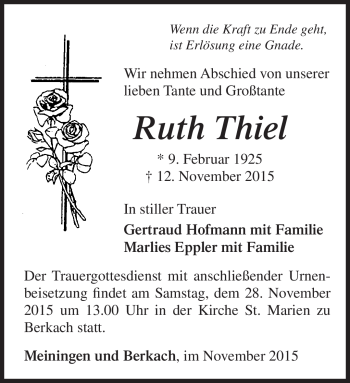 Traueranzeige von Ruth Thiel von Südthüringer Presse