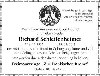 Traueranzeige von Richard Schleifenheimer von Neue Presse Coburg
