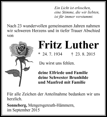 Traueranzeige von Fritz Luther von Südthüringer Presse