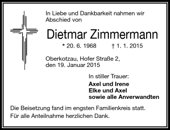Traueranzeige von Dietmar Zimmermann von Frankenpost