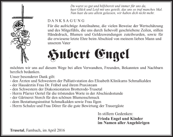 Traueranzeige von Hubert Engel von Südthüringer Presse