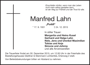 Traueranzeige von Manfred Lahn von Neue Presse Coburg