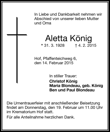 Traueranzeige von Aletta König von Frankenpost