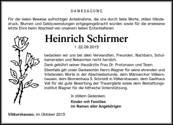 Traueranzeige von heinrich Schirmer von Südthüringer Presse