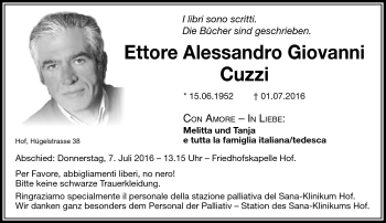 Traueranzeige von Ettore Alessandro Giovanni Cuzzi von Frankenpost