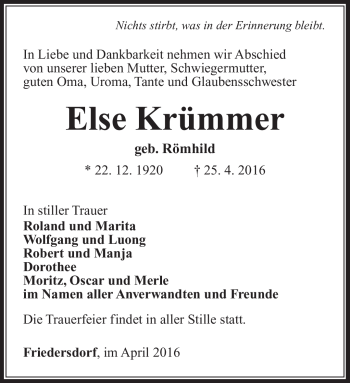 Traueranzeige von Else Krümmer von Südthüringer Presse