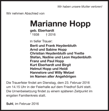 Traueranzeige von Marianne Hopp von Südthüringer Presse