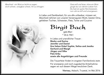 Traueranzeige von Birgit Bach von Südthüringer Presse