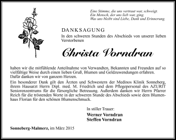 Traueranzeige von Christa Vorndran von Südthüringer Presse