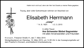 Traueranzeige von Elisabeth Herrmann von Neue Presse Coburg