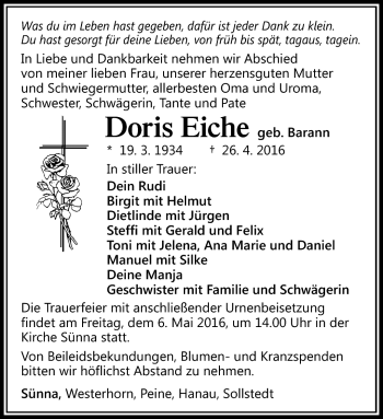 Traueranzeige von Doris Eiche von Südthüringer Presse