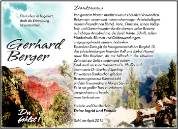 Traueranzeige von Gerhard Berger von Südthüringer Presse