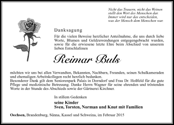 Traueranzeige von Reimar Buls von Südthüringer Presse