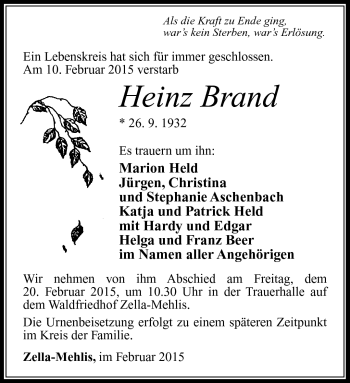 Traueranzeige von Heinz Brand von Südthüringer Presse